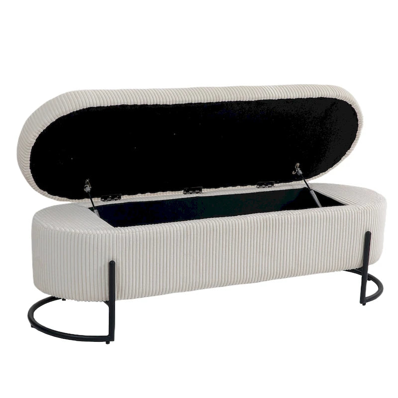 Corduroy Upholstered Storage Ottoman Bench with Safety Hinge and Metal Legs, Bedroom or Entryway
