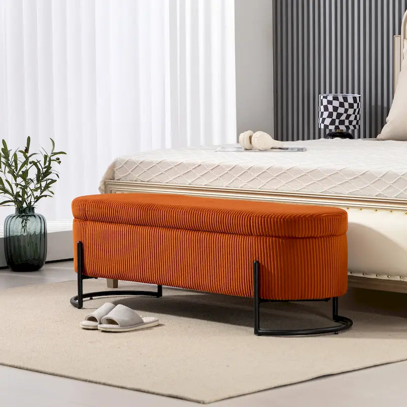 Corduroy Upholstered Storage Ottoman Bench with Safety Hinge and Metal Legs, Bedroom or Entryway