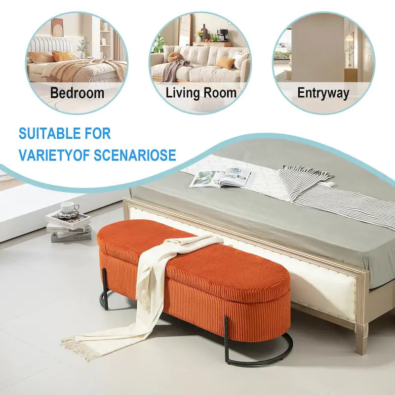 Corduroy Upholstered Storage Ottoman Bench with Safety Hinge and Metal Legs, Bedroom or Entryway