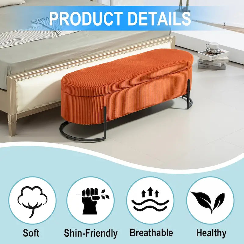 Corduroy Upholstered Storage Ottoman Bench with Safety Hinge and Metal Legs, Bedroom or Entryway