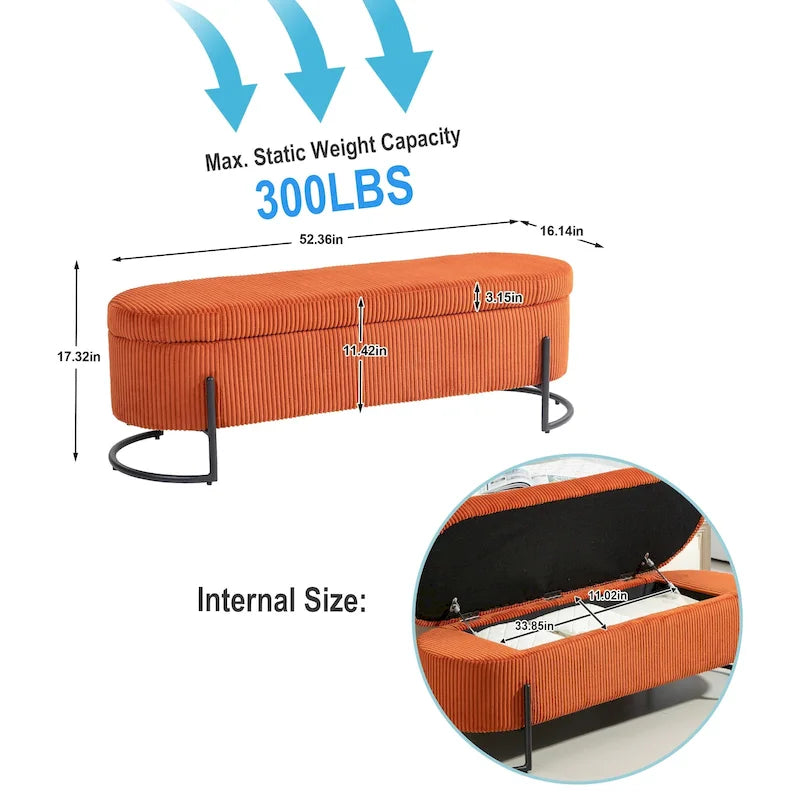 Corduroy Upholstered Storage Ottoman Bench with Safety Hinge and Metal Legs, Bedroom or Entryway