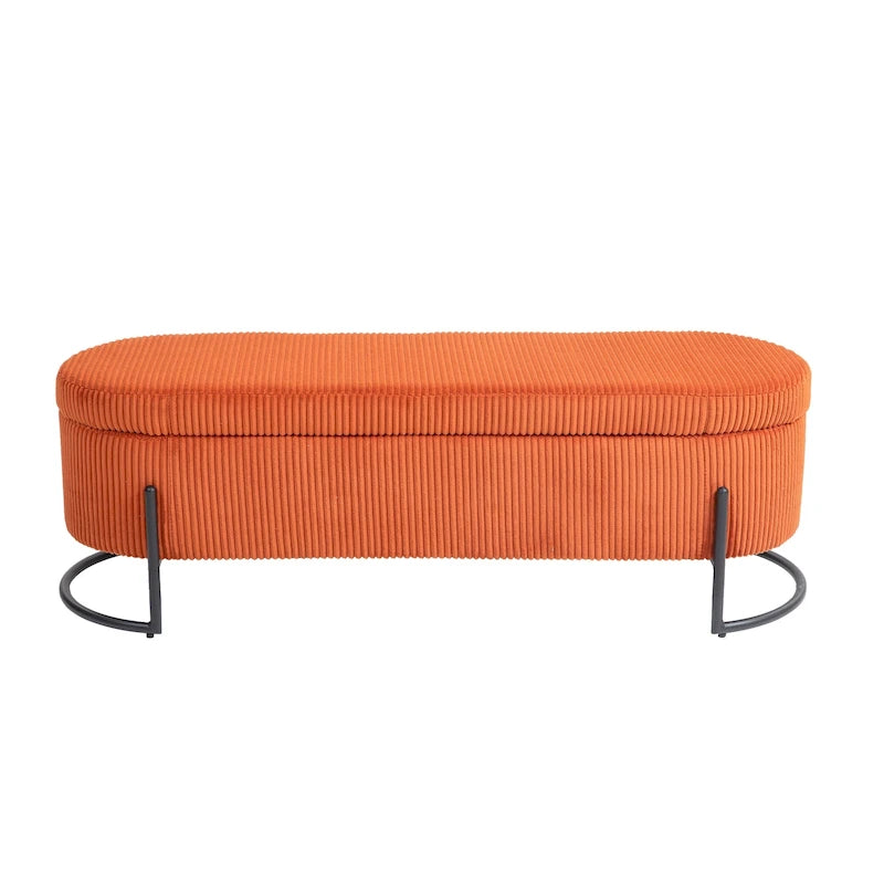 Corduroy Upholstered Storage Ottoman Bench with Safety Hinge and Metal Legs, Bedroom or Entryway
