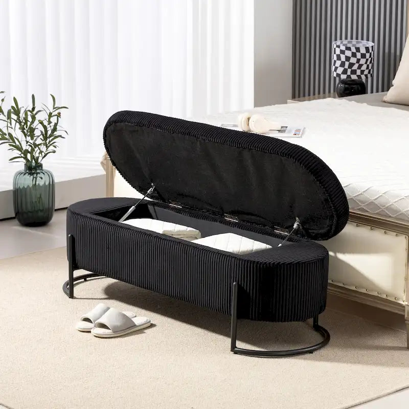 Corduroy Upholstered Storage Ottoman Bench with Safety Hinge and Metal Legs, Bedroom or Entryway