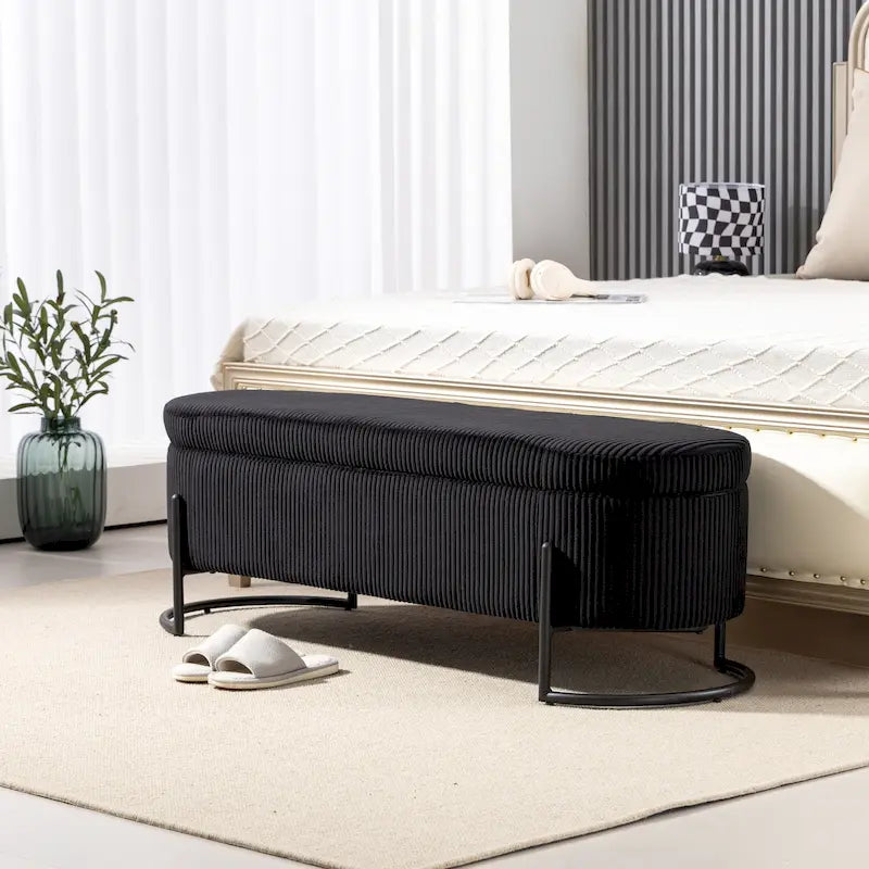 Corduroy Upholstered Storage Ottoman Bench with Safety Hinge and Metal Legs, Bedroom or Entryway
