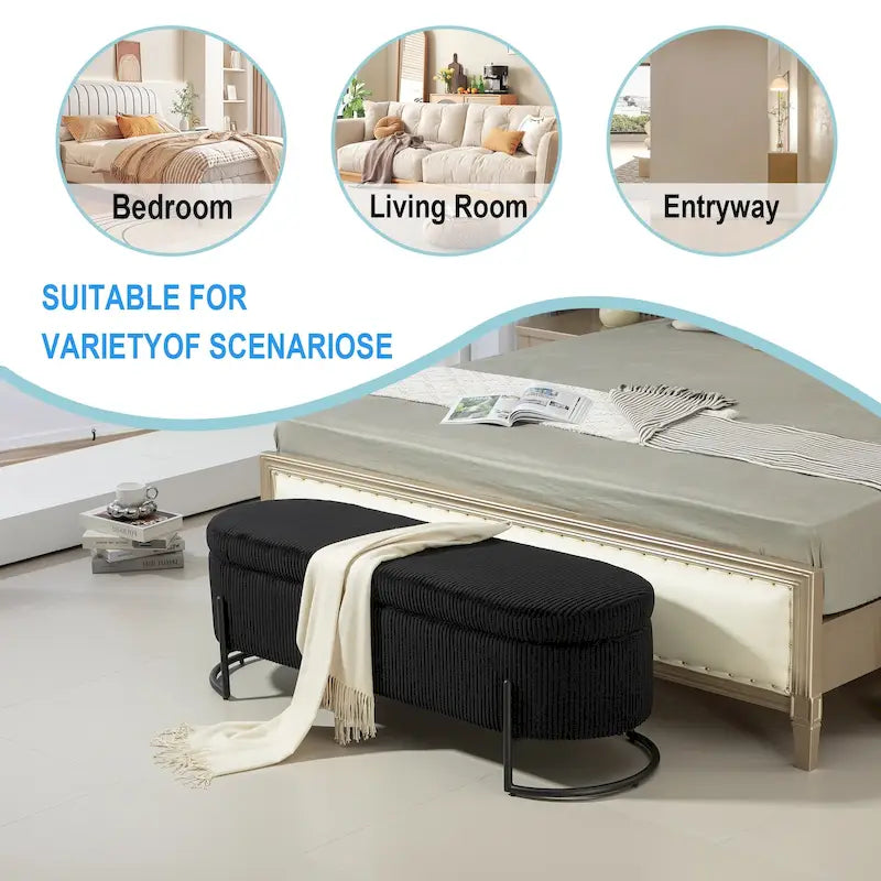 Corduroy Upholstered Storage Ottoman Bench with Safety Hinge and Metal Legs, Bedroom or Entryway