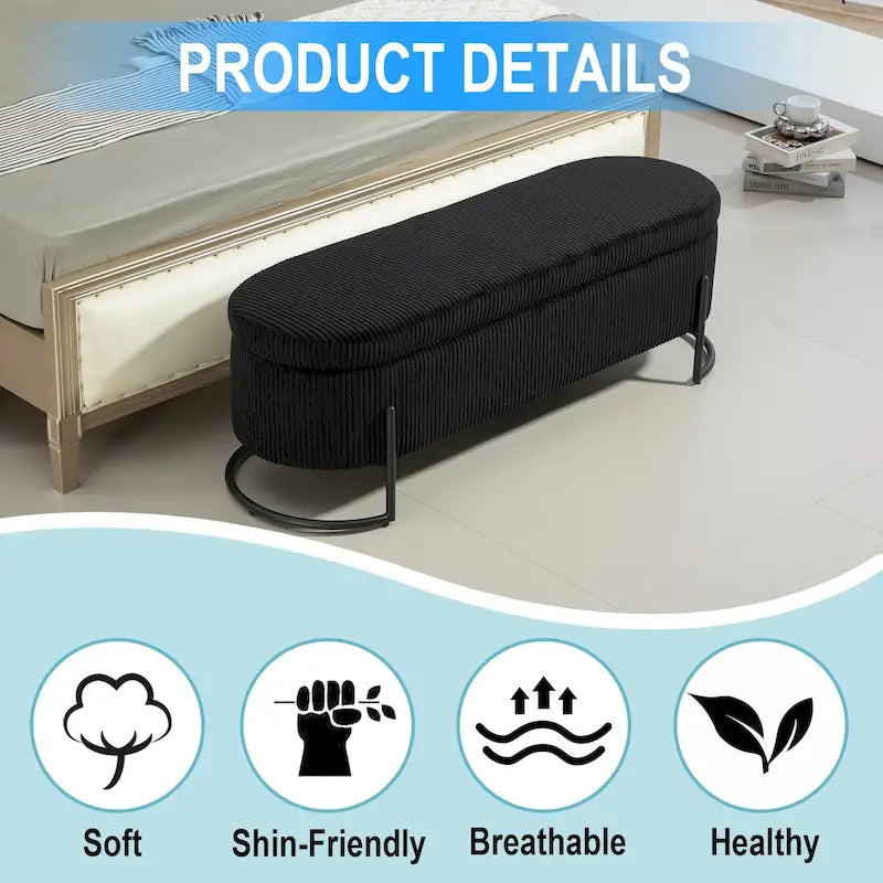 Corduroy Upholstered Storage Ottoman Bench with Safety Hinge and Metal Legs, Bedroom or Entryway