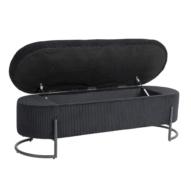 Corduroy Upholstered Storage Ottoman Bench with Safety Hinge and Metal Legs, Bedroom or Entryway