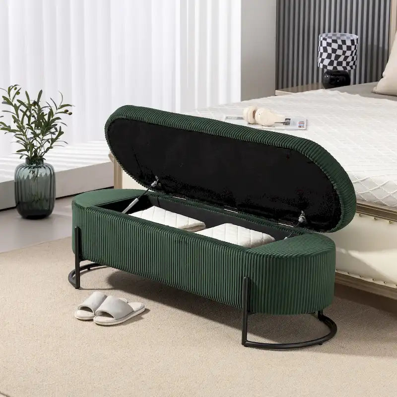 Corduroy Upholstered Storage Ottoman Bench with Safety Hinge and Metal Legs, Bedroom or Entryway