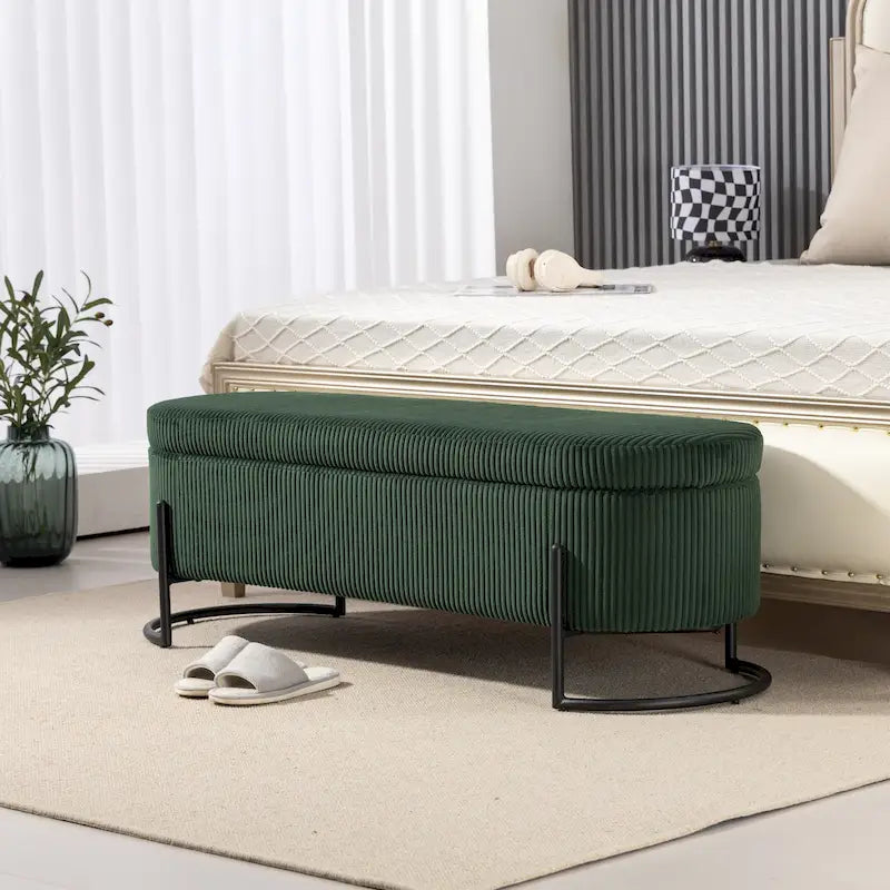 Corduroy Upholstered Storage Ottoman Bench with Safety Hinge and Metal Legs, Bedroom or Entryway