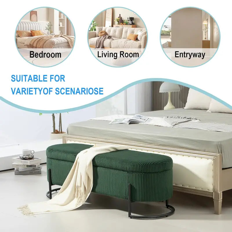 Corduroy Upholstered Storage Ottoman Bench with Safety Hinge and Metal Legs, Bedroom or Entryway